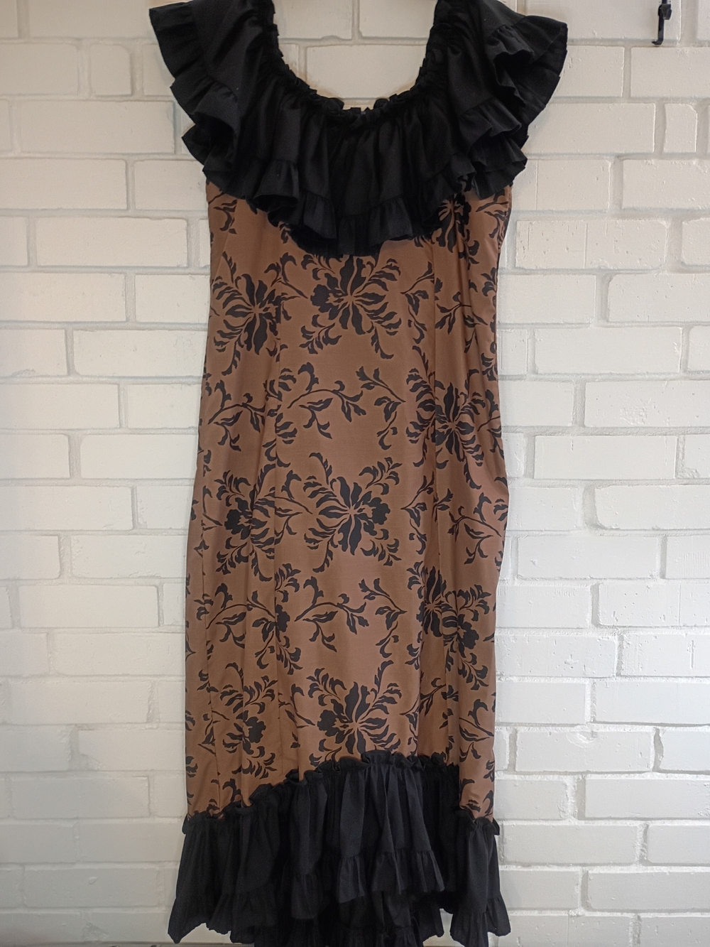 Black Trim Brown Floral Ruffle Midi Dress Size 10